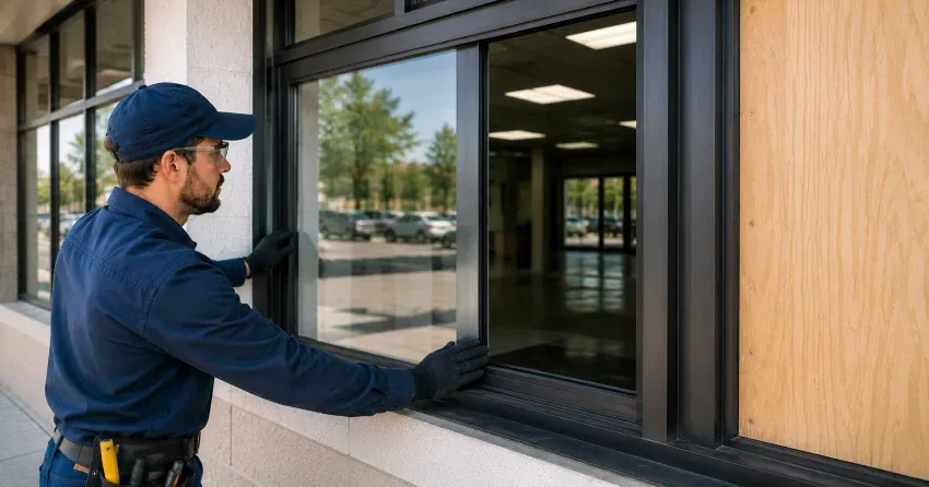 technician boarding a broken window after a break-in in Burford