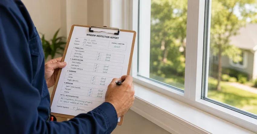 technician inspecting window seal and frame in Burford