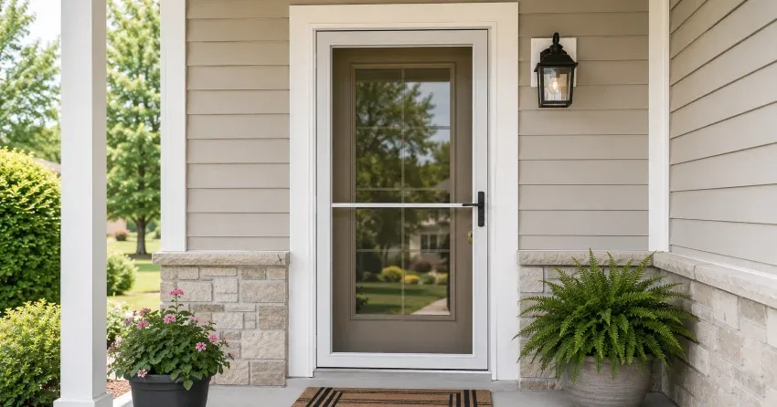 technician hanging storm door square and plumb in Royal West Estates, Burford