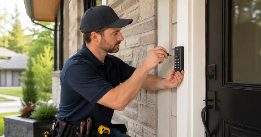 Technician installing an access control system keypad beside a residential front door in Burford