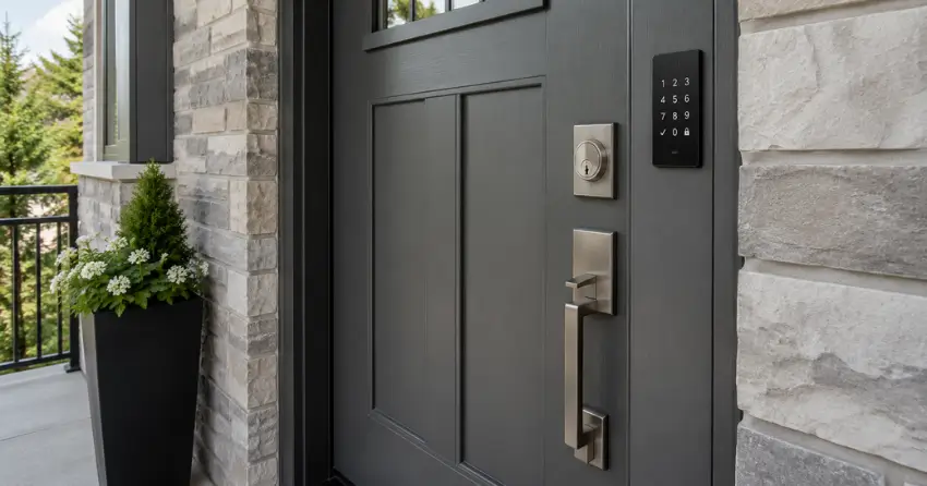 High-security door hardware and access control keypad installed on a residential entry door in Burford