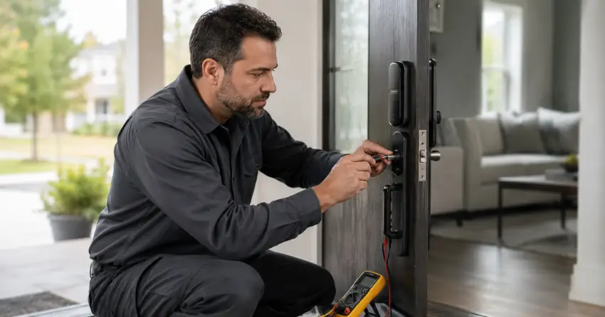 technician diagnosing automatic door lock mechanism on residential door in Twin Springs Cottage Condo Community, Burford