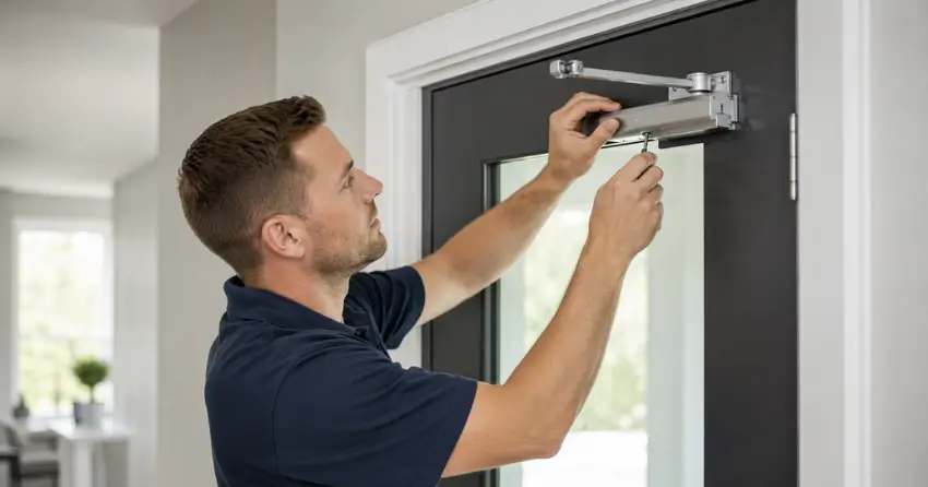 technician adjusting door closer hydraulic valve in Royal West Estates, Burford home