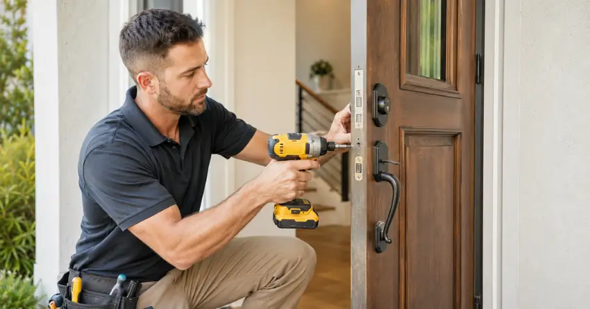 locksmith installing new deadbolt lock on front door in Burford