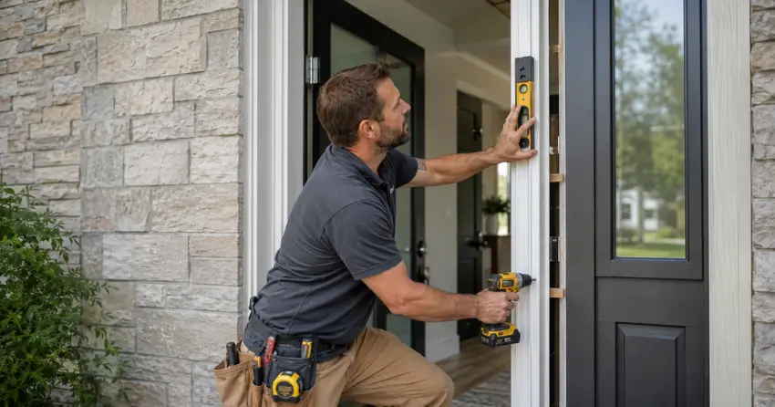 technician installing a new exterior door frame in Burford