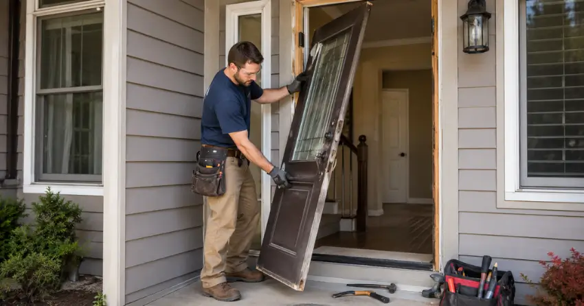 old exterior door being removed for replacement in Burford
