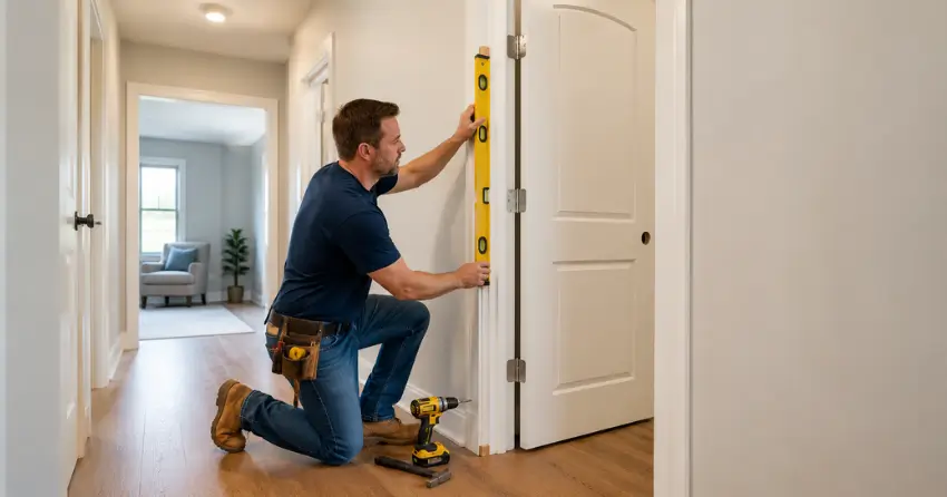 technician installing a pre-hung interior door in a home hallway Burford