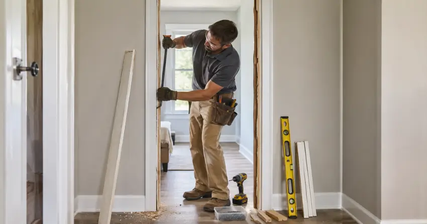 technician removing an old interior door frame during installation Royal West Estates, Burford