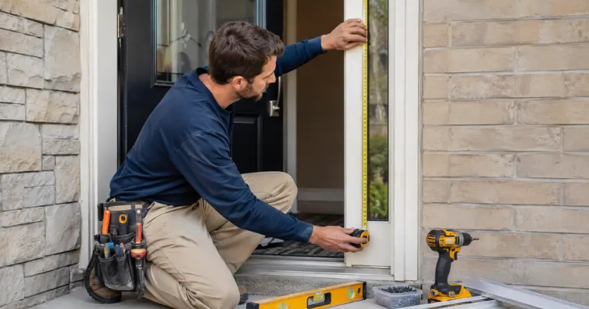 technician measuring door frame before storm door install in Royal West Estates, Burford