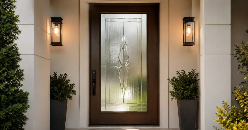 decorative frosted glass panel installed in a front door in Twin Springs Cottage Condo Community, Burford