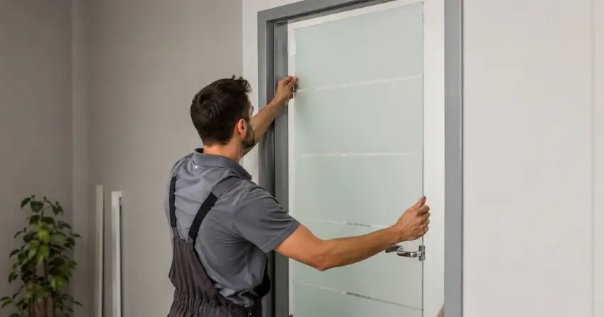 frosted glass interior door panel installation in Creek Side Village, Burford