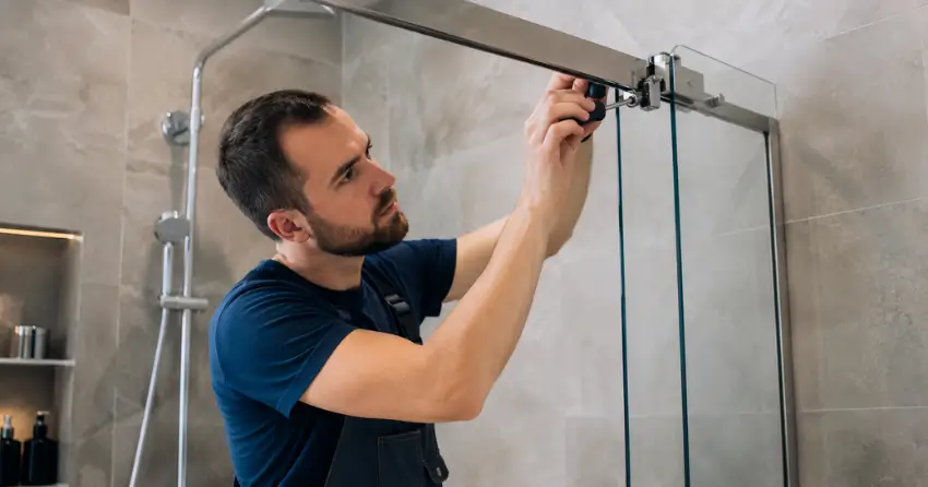 technician adjusting shower door hinge and track in Burford