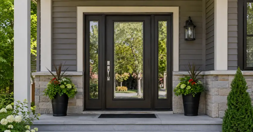 glass entry door with sidelights on a home in Burford