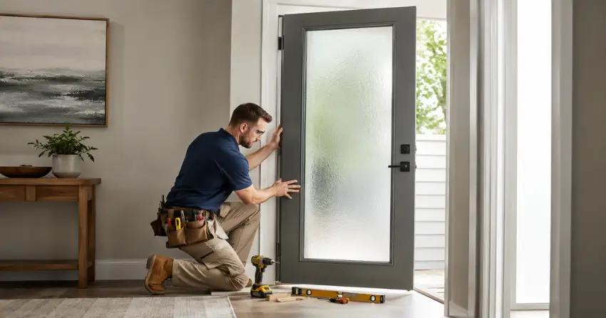 glass panel door installation with frosted privacy glass in residential setting in Burford