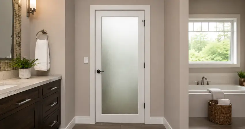 frosted glass panel bathroom door installed in a Royal West Estates, Burford home