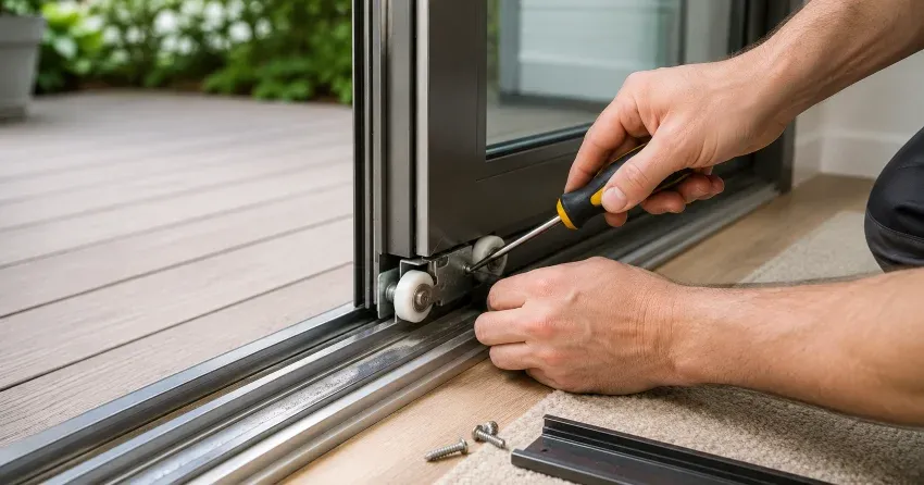sliding door fix Burford technician diagnosing track issue