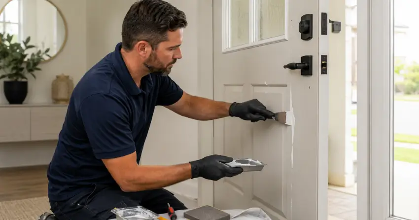 technician repairing fiberglass door surface crack in Royal West Estates, Burford