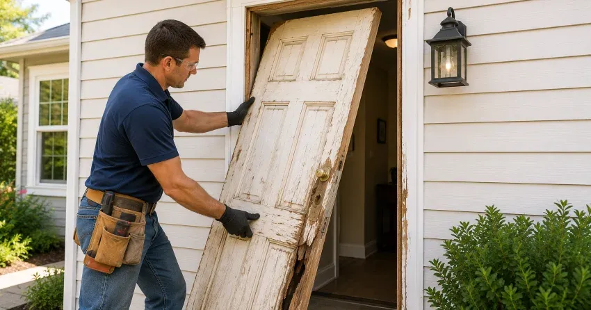warped exterior door frame showing weather damage in Burford