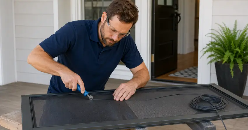 technician replacing screen door mesh and spline in Burford